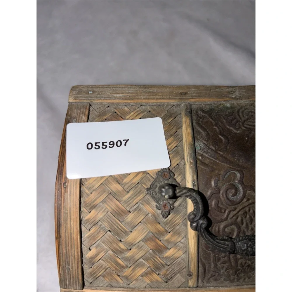 Vintage 80s Treasure Chest Bamboo Trinket Box Rustic Herringbone Pattern Aged